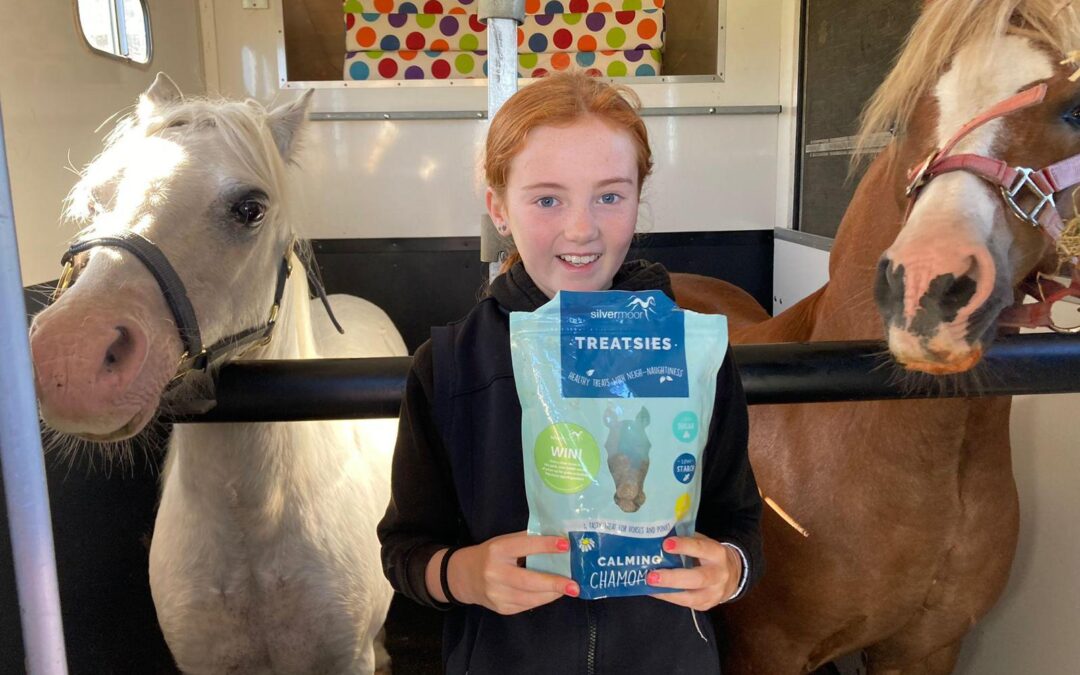 Two happy ponies with their teenage owner holding a pack of Silvermoor Calming Chamomile Treatsies.
