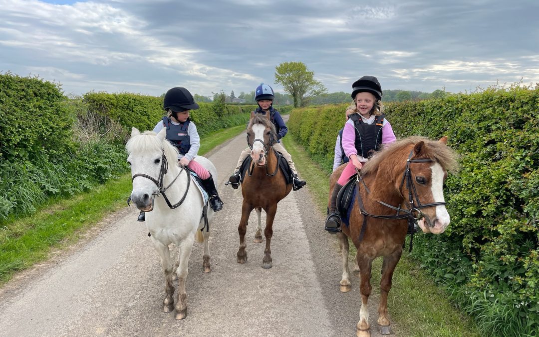 Three ponies with their young riders enjoying the spring time weather trotting down a country lane.